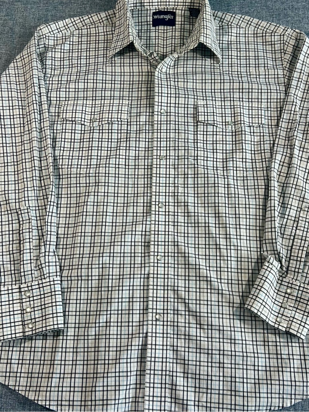 Wrangler Western Pearl Snap Black Blue White Grid Plaid Long Sleeve Shirt